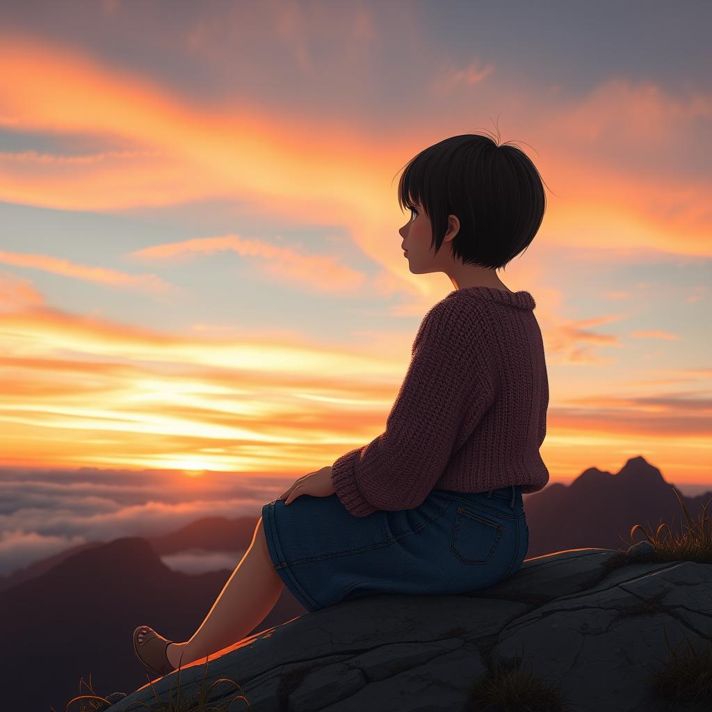 A girl with a short haircut, wearing a denim skirt and a cozy woolen top, sitting peacefully on a mountain