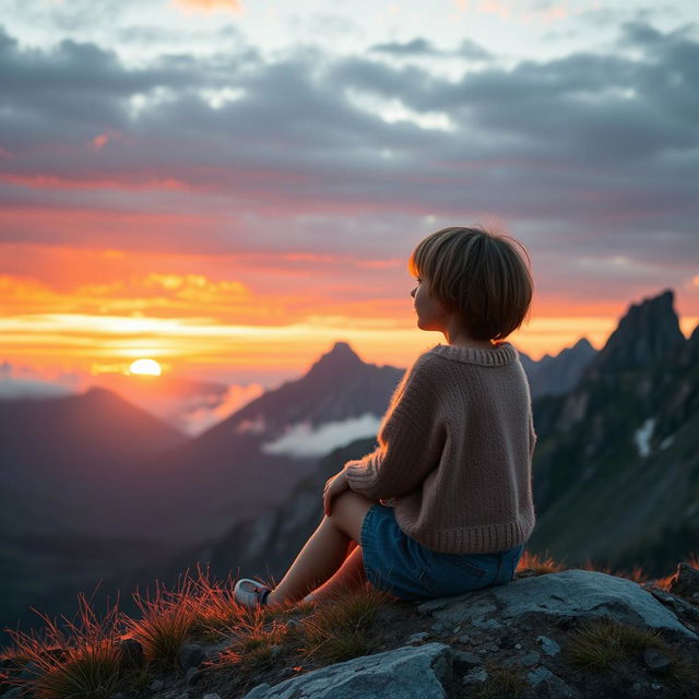 A girl with a short haircut, wearing a denim skirt and a cozy woolen top, sitting peacefully on a mountain