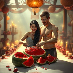 A surreal and artistic scene depicting Alara Sehitler, a young female character with striking features and long flowing dark hair, and Manuel Neuer, a tall athletic male with short light brown hair, both engaged in cutting a large, vibrant watermelon together