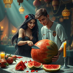 A surreal and artistic scene depicting Alara Sehitler, a young female character with striking features and long flowing dark hair, and Manuel Neuer, a tall athletic male with short light brown hair, both engaged in cutting a large, vibrant watermelon together