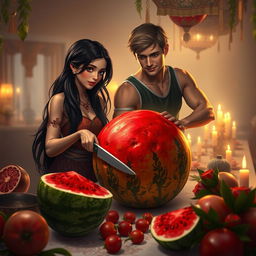 A surreal and artistic scene depicting Alara Sehitler, a young female character with striking features and long flowing dark hair, and Manuel Neuer, a tall athletic male with short light brown hair, both engaged in cutting a large, vibrant watermelon together