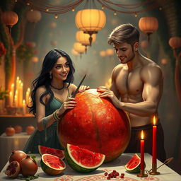 A surreal and artistic scene depicting Alara Sehitler, a young female character with striking features and long flowing dark hair, and Manuel Neuer, a tall athletic male with short light brown hair, both engaged in cutting a large, vibrant watermelon together