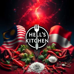 A striking image featuring the Hell's Kitchen symbol prominently in the center, flanked by the flags of Malaysia and Indonesia