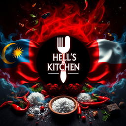 A striking image featuring the Hell's Kitchen symbol prominently in the center, flanked by the flags of Malaysia and Indonesia