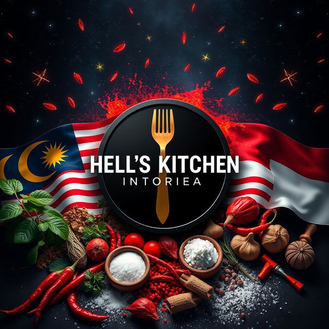 A striking image featuring the Hell's Kitchen symbol prominently in the center, flanked by the flags of Malaysia and Indonesia