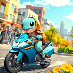 A cute Squirtle character riding a stylish motorbike, with a vibrant cityscape in the background