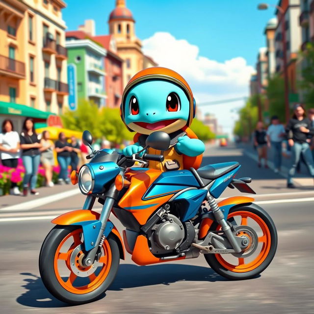 A cute Squirtle character riding a stylish motorbike, with a vibrant cityscape in the background