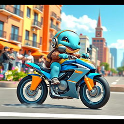A cute Squirtle character riding a stylish motorbike, with a vibrant cityscape in the background