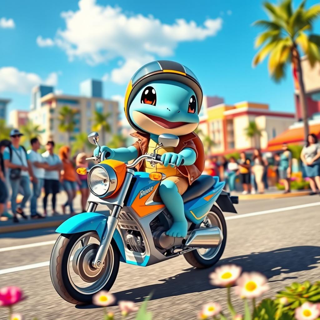 A cute Squirtle character riding a stylish motorbike, with a vibrant cityscape in the background