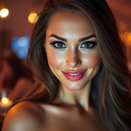 A close-up portrait of a confident, beautiful woman with striking features