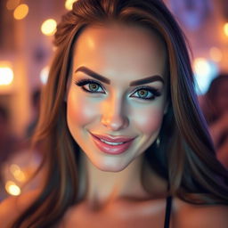 A close-up portrait of a confident, beautiful woman with striking features
