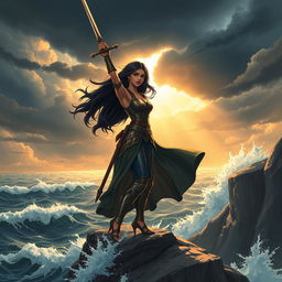 A dramatic and intense illustration showcasing a powerful and confident warrior princess standing on a cliff, overlooking a vast and stormy ocean