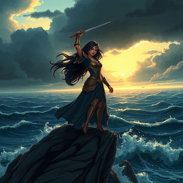 A dramatic and intense illustration showcasing a powerful and confident warrior princess standing on a cliff, overlooking a vast and stormy ocean