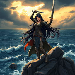 A dramatic and intense illustration showcasing a powerful and confident warrior princess standing on a cliff, overlooking a vast and stormy ocean