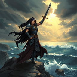 A dramatic and intense illustration showcasing a powerful and confident warrior princess standing on a cliff, overlooking a vast and stormy ocean