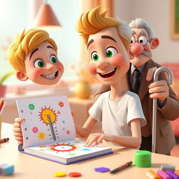 A vibrant and colorful animated scene featuring Omid, a 10-year-old boy with short golden hair and bright green eyes