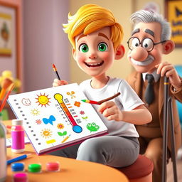 A vibrant and colorful animated scene featuring Omid, a 10-year-old boy with short golden hair and bright green eyes