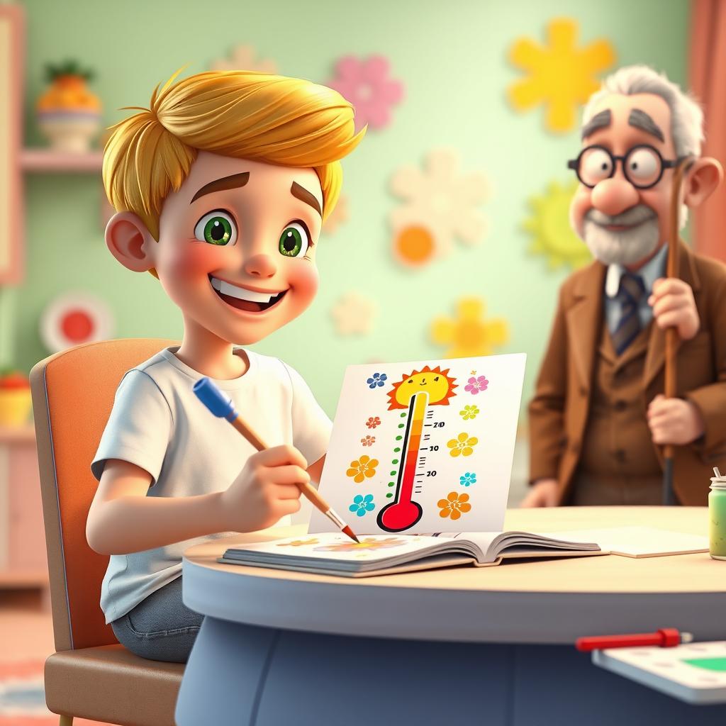 A vibrant and colorful animated scene featuring Omid, a 10-year-old boy with short golden hair and bright green eyes