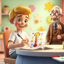 A vibrant and colorful animated scene featuring Omid, a 10-year-old boy with short golden hair and bright green eyes