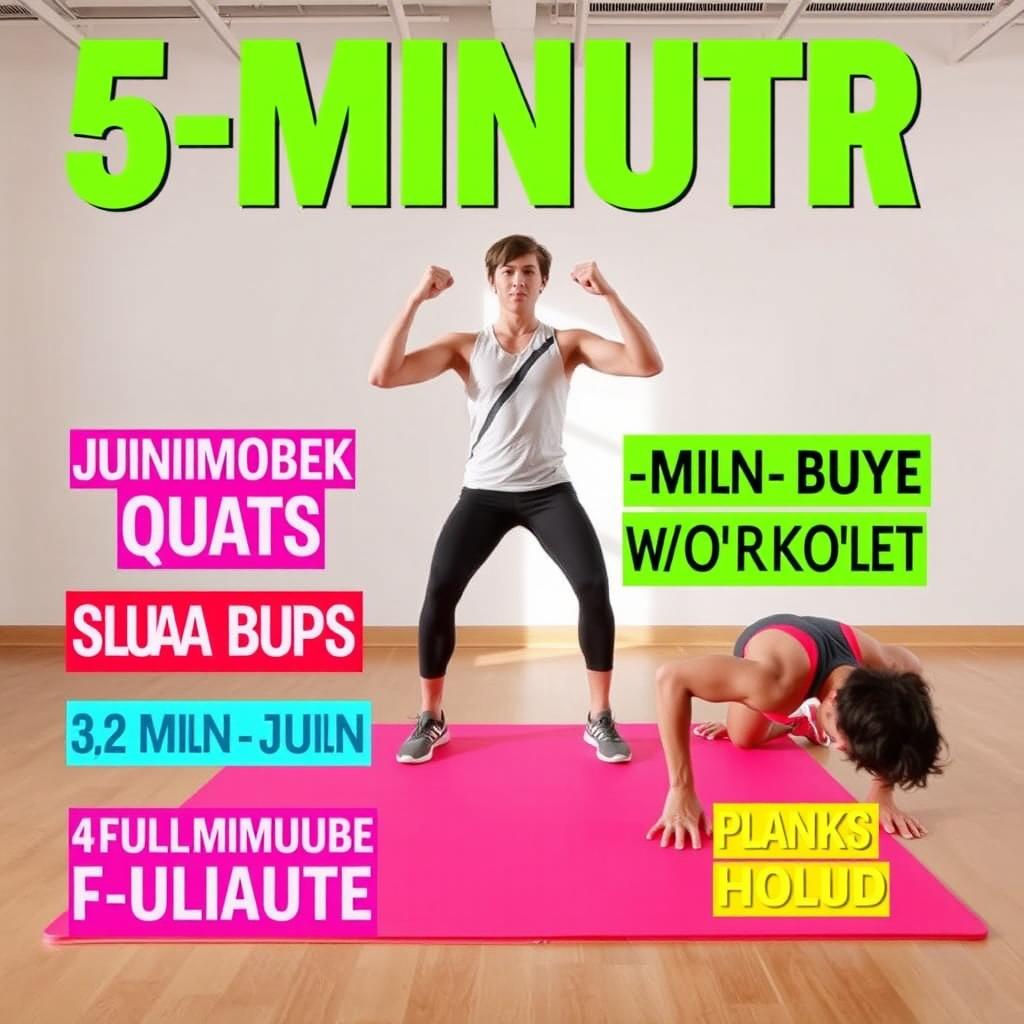 A dynamic fitness-themed scene for a YouTube Shorts video, showcasing a determined beginner performing a quick 5-minute full-body workout