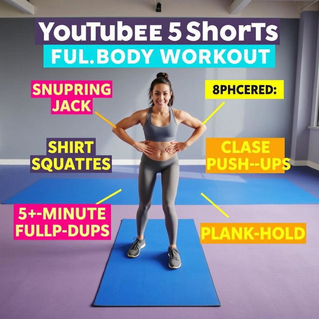 A dynamic fitness-themed scene for a YouTube Shorts video, showcasing a determined beginner performing a quick 5-minute full-body workout