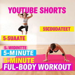 A dynamic fitness-themed scene for a YouTube Shorts video, showcasing a determined beginner performing a quick 5-minute full-body workout