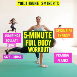 A dynamic fitness-themed scene for a YouTube Shorts video, showcasing a determined beginner performing a quick 5-minute full-body workout