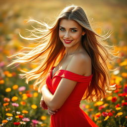 A stunningly beautiful woman with long flowing hair, sparkling blue eyes, wearing a vibrant red dress that accentuates her curves, standing gracefully in a field of colorful wildflowers, the sunlight creating a halo effect around her, a gentle breeze causing her hair and dress to sway slightly, with a warm smile on her face, embodying elegance and charm