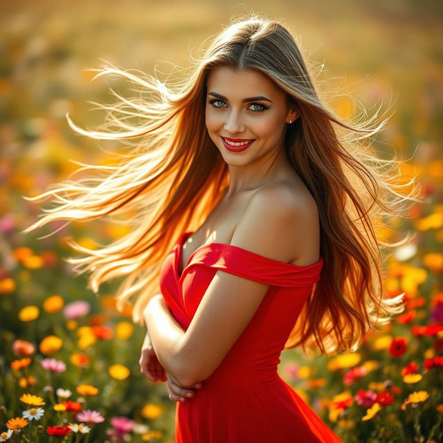 A stunningly beautiful woman with long flowing hair, sparkling blue eyes, wearing a vibrant red dress that accentuates her curves, standing gracefully in a field of colorful wildflowers, the sunlight creating a halo effect around her, a gentle breeze causing her hair and dress to sway slightly, with a warm smile on her face, embodying elegance and charm