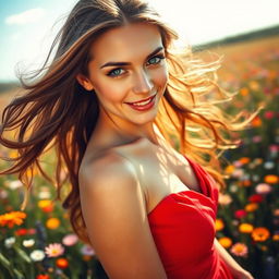 A stunningly beautiful woman with long flowing hair, sparkling blue eyes, wearing a vibrant red dress that accentuates her curves, standing gracefully in a field of colorful wildflowers, the sunlight creating a halo effect around her, a gentle breeze causing her hair and dress to sway slightly, with a warm smile on her face, embodying elegance and charm