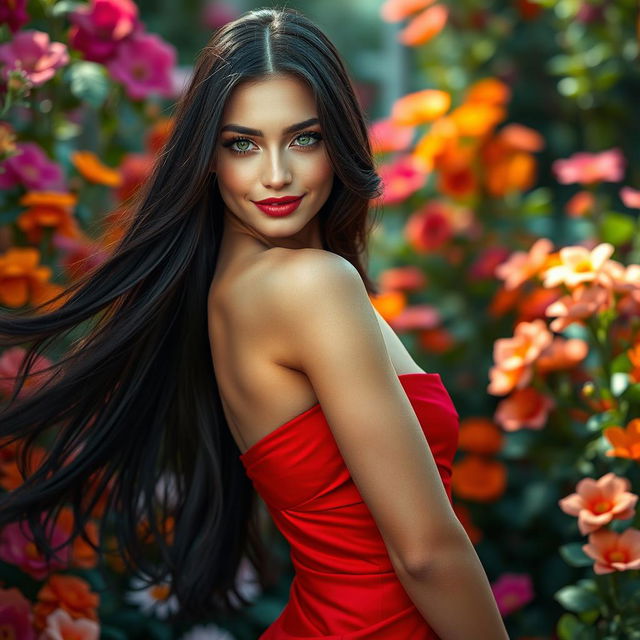 A stunningly beautiful woman with long flowing black hair, wearing an elegant red dress that accentuates her curves