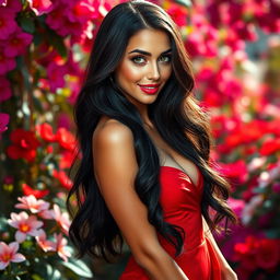 A stunningly beautiful woman with long flowing black hair, wearing an elegant red dress that accentuates her curves