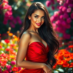A stunningly beautiful woman with long flowing black hair, wearing an elegant red dress that accentuates her curves