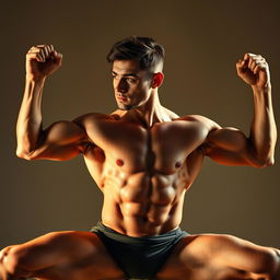 A muscular young man performing a full stretch, showcasing his bodybuilder physique