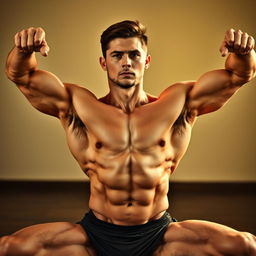 A muscular young man performing a full stretch, showcasing his bodybuilder physique