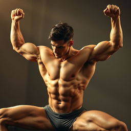 A muscular young man performing a full stretch, showcasing his bodybuilder physique