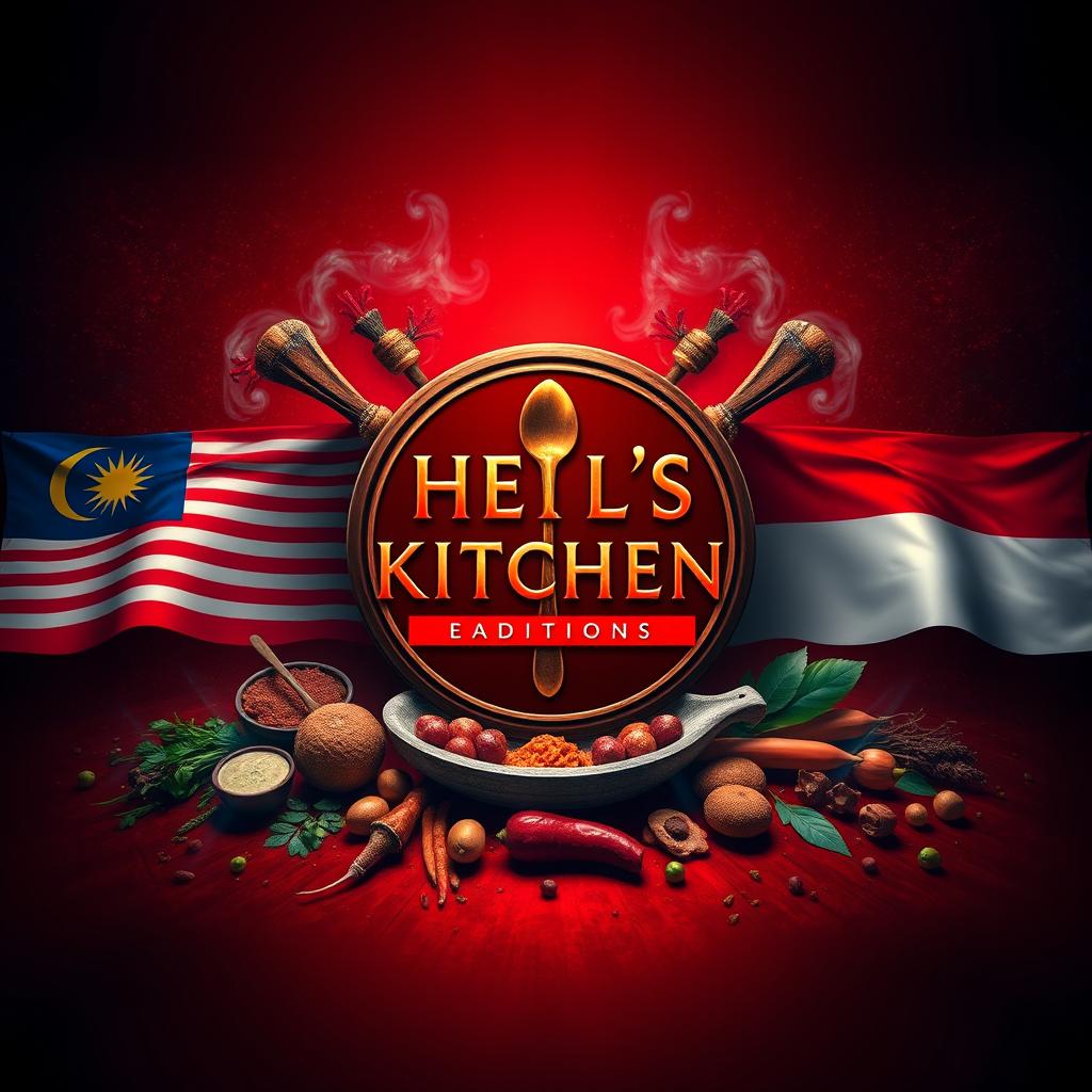 A visually striking representation of 'Hell’s Kitchen: Malay & Indonesian Edition,' featuring the iconic Hell’s Kitchen symbol prominently in the center