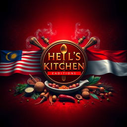 A visually striking representation of 'Hell’s Kitchen: Malay & Indonesian Edition,' featuring the iconic Hell’s Kitchen symbol prominently in the center