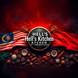 A visually striking representation of 'Hell’s Kitchen: Malay & Indonesian Edition,' featuring the iconic Hell’s Kitchen symbol prominently in the center