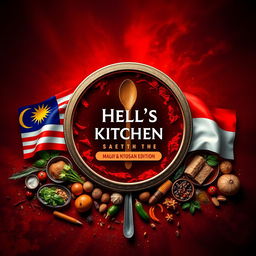 A visually striking representation of 'Hell’s Kitchen: Malay & Indonesian Edition,' featuring the iconic Hell’s Kitchen symbol prominently in the center