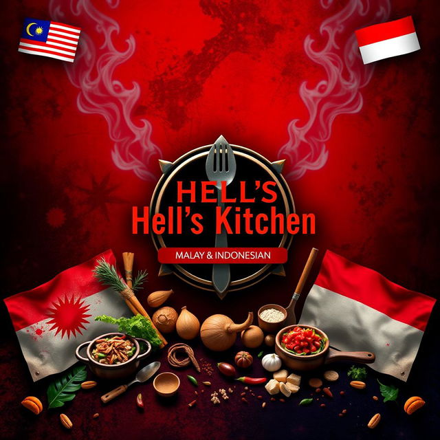 A visually striking representation of 'Hell’s Kitchen: Malay & Indonesian Edition,' featuring the iconic Hell’s Kitchen symbol prominently in the center