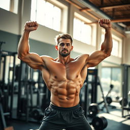 A muscular young man doing a full stretch in a bright, sunlit gym