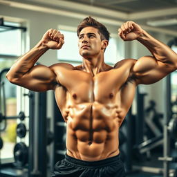A muscular young man doing a full stretch in a bright, sunlit gym