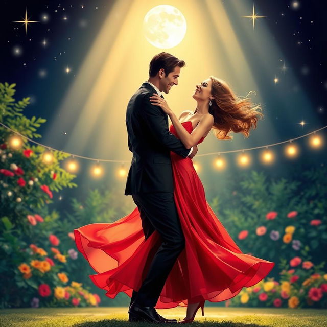 A vibrant scene of a couple dancing passionately under a beautiful starlit sky, surrounded by twinkling fairy lights