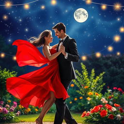 A vibrant scene of a couple dancing passionately under a beautiful starlit sky, surrounded by twinkling fairy lights