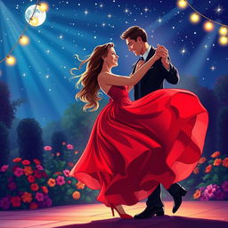 A vibrant scene of a couple dancing passionately under a beautiful starlit sky, surrounded by twinkling fairy lights