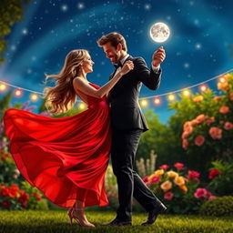 A vibrant scene of a couple dancing passionately under a beautiful starlit sky, surrounded by twinkling fairy lights