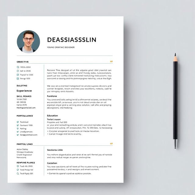 A professional resume design for a young creative graphic designer, featuring a clean layout with clear headings