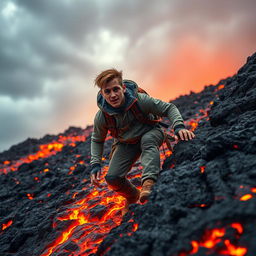 A young man climbing up a steep slope that is covered in molten lava, showcasing determination and bravery