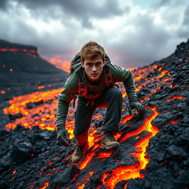 A young man climbing up a steep slope that is covered in molten lava, showcasing determination and bravery